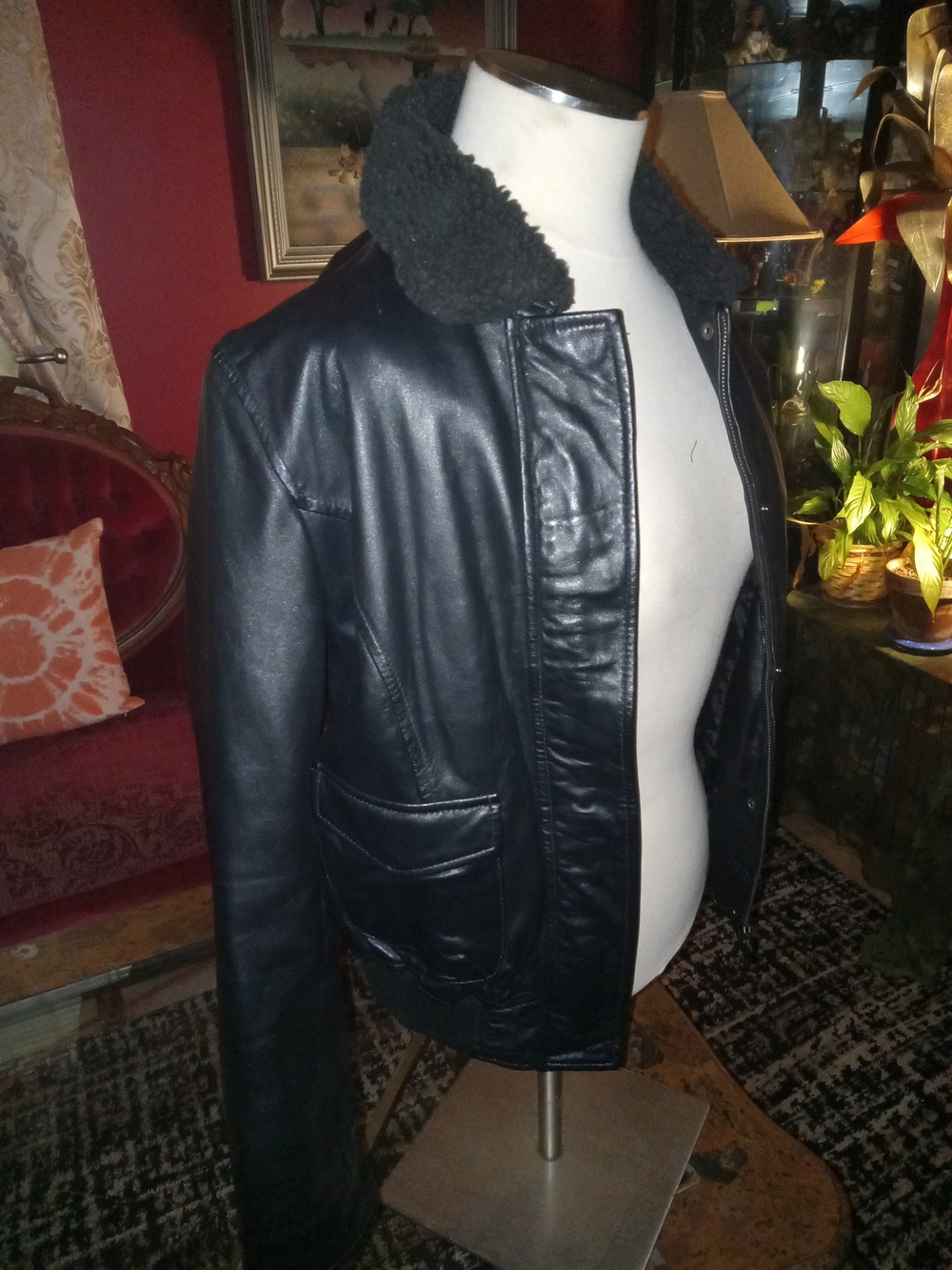 Black Genuine Leather Sherpa Collar Jacket - Women